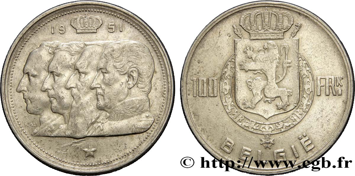BÉLGICA 100 Francs Quatre rois de Belgique, légende flamande 1951  MBC 