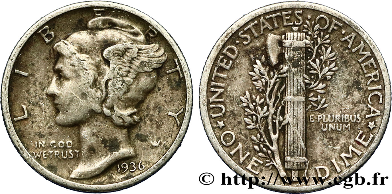 UNITED STATES OF AMERICA 1 Dime Mercury 1936 Philadelphie XF 