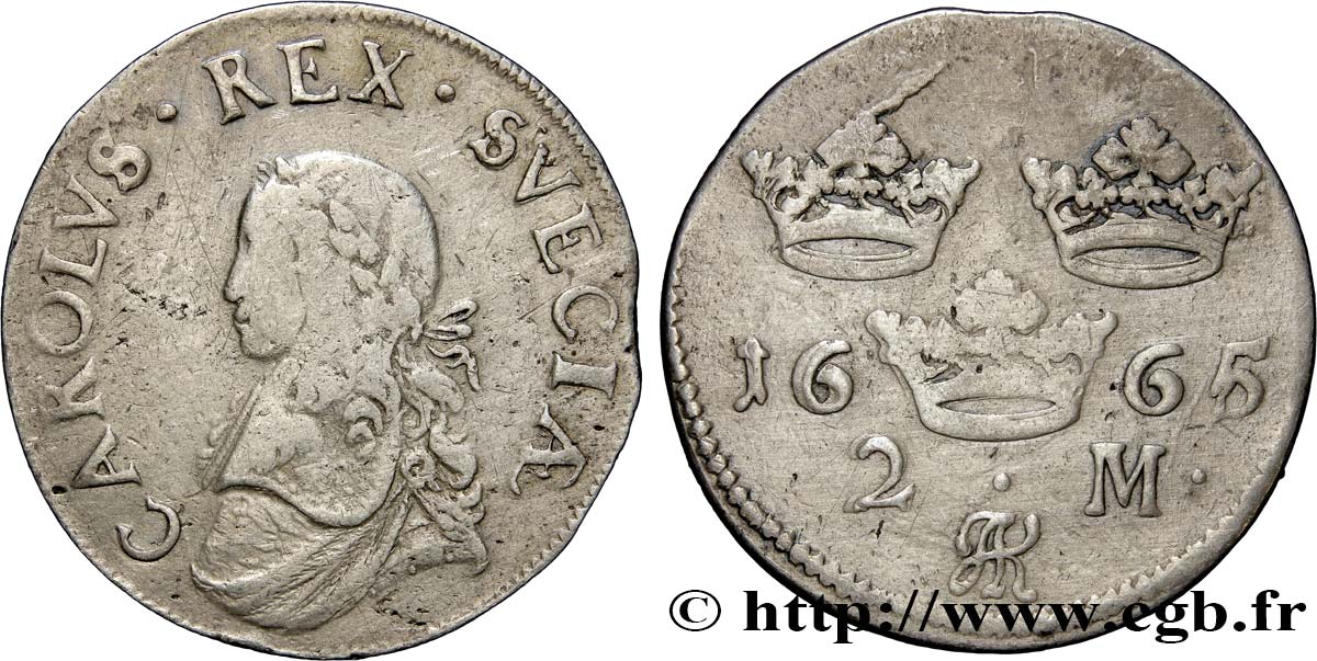 SUECIA - REINO DE SUECIA - CARLOS XI 2 Mark  1665 Stockholm BC+ 