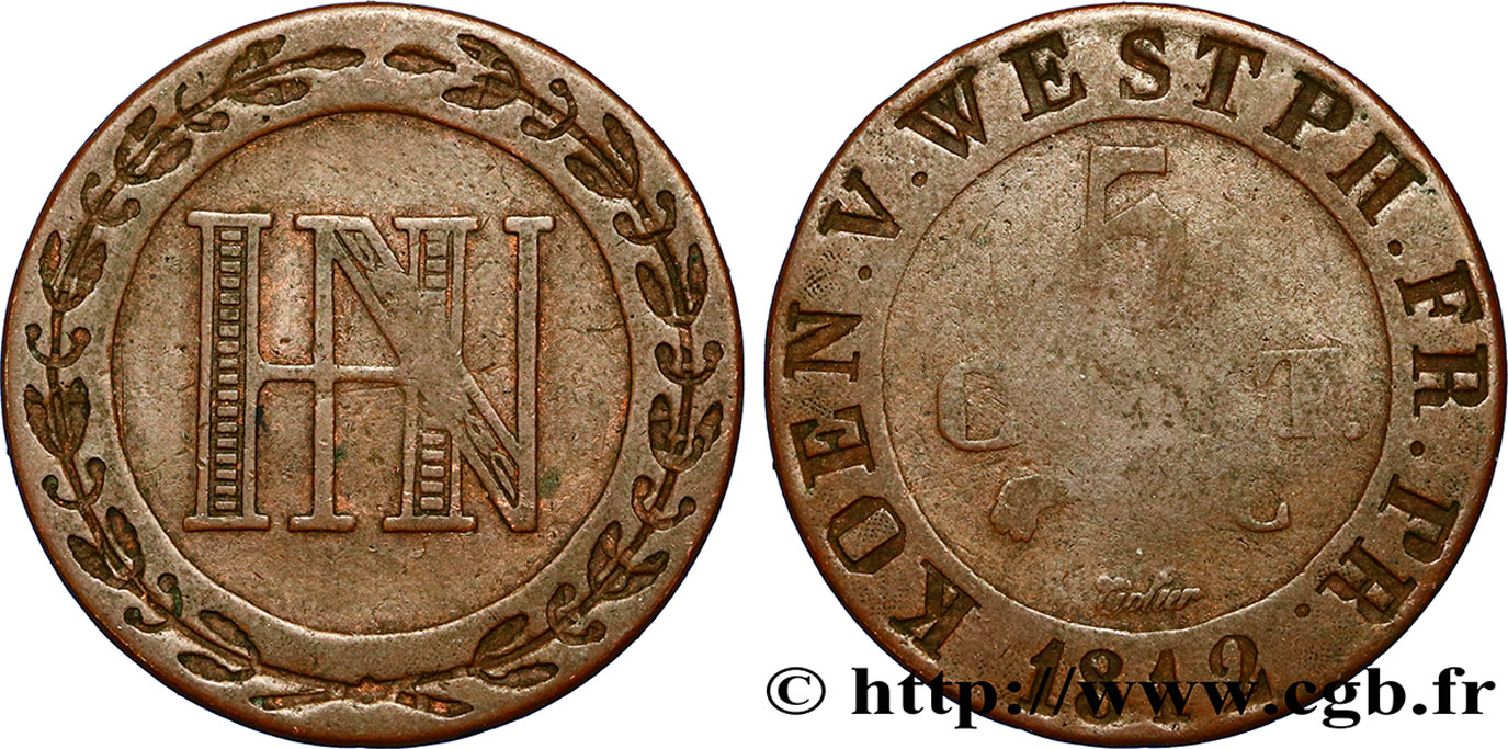 GERMANY - KINGDOM OF WESTPHALIA 5 Centimes monogramme de Jérôme Napoléon 1812 Cassel VF 