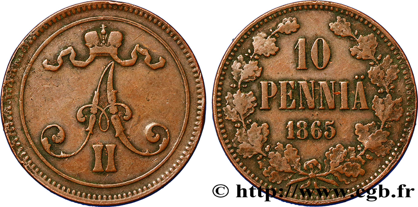 FINLAND 10 Pennia monogramme Alexandre II 1865  VF 