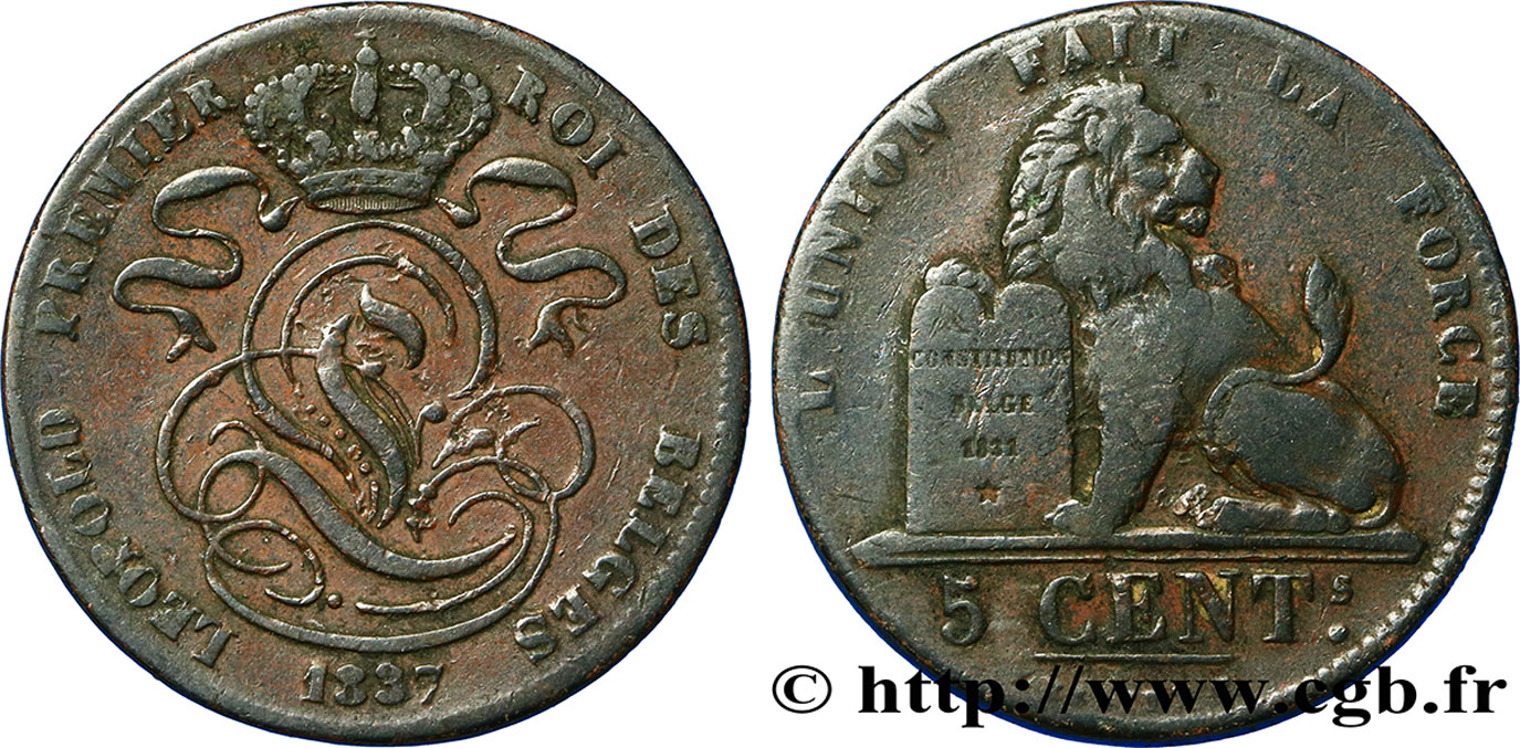 BÉLGICA 5 Centimes monogramme de Léopold Ier / lion 1837  BC 