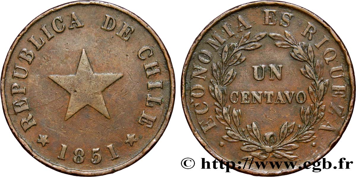 CHILE 1 Centavo 1851  XF 