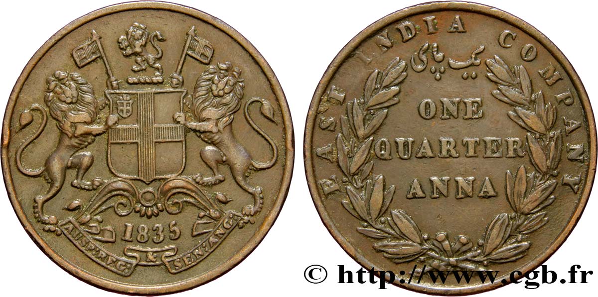 INDES BRITANNIQUES 1/4 Anna East India Company 1835  TTB+ 