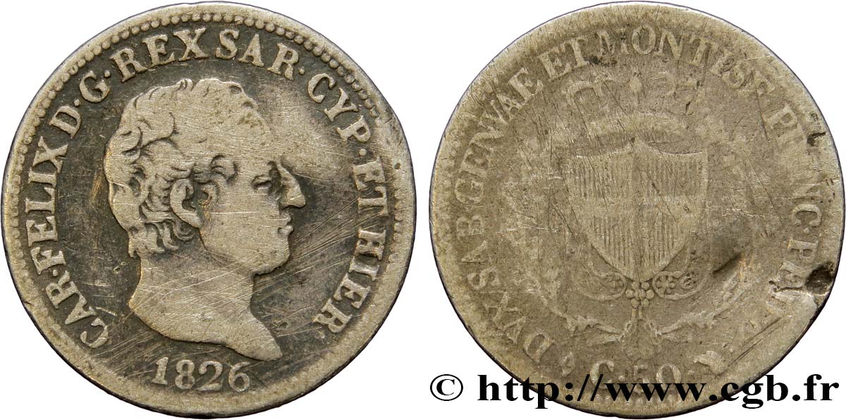 ITALY - KINGDOM OF SARDINIA 50 Centesimi Charles Félix 1826 Turin VF 