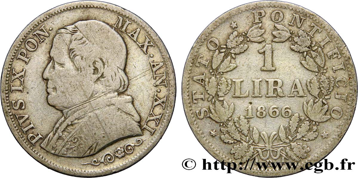 VATIKANSTAAT UND KIRCHENSTAAT 1 Lire Pie IX type grand buste an XXI 1866 Rome S 