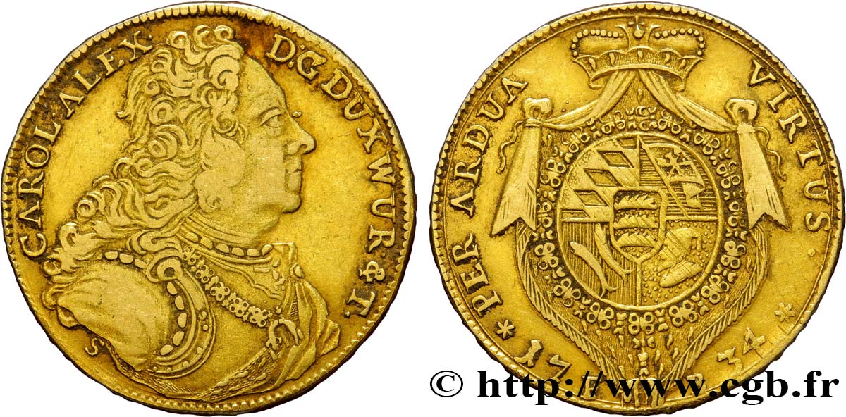 ALLEMAGNE - DUCHÉ DE WURTEMBERG - CHARLES IER ALEXANDRE Carolin ou 10 Gulden 1734 Stuttgart MBC 