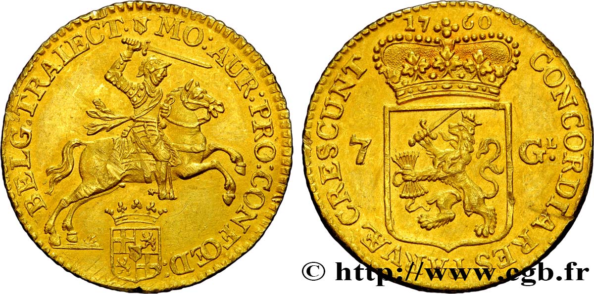 NETHERLANDS - UNITED PROVINCES - UTRECHT 7 Gulden ou demi-cavalier d or 1760 Utrecht AU 