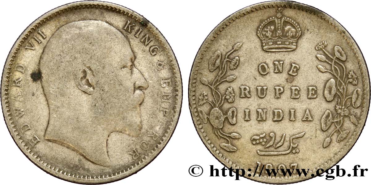 BRITISH INDIA 1 Rupee (Roupie) Edouard VII 1907 Calcutta VF 