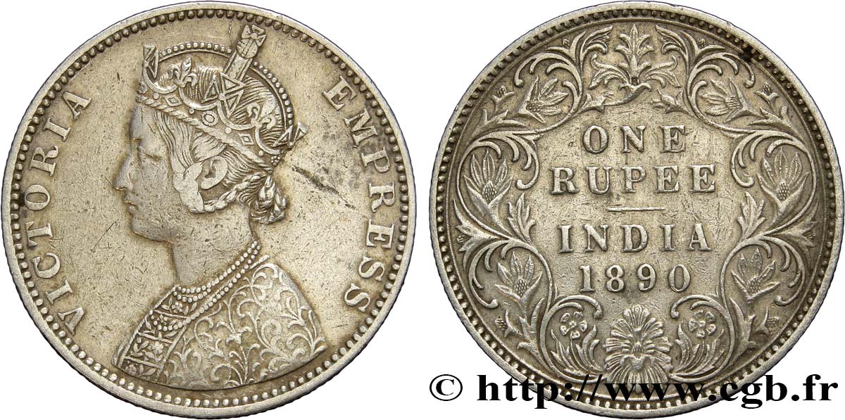 BRITISH INDIA 1 Roupie Victoria 1890  Bombay VF 