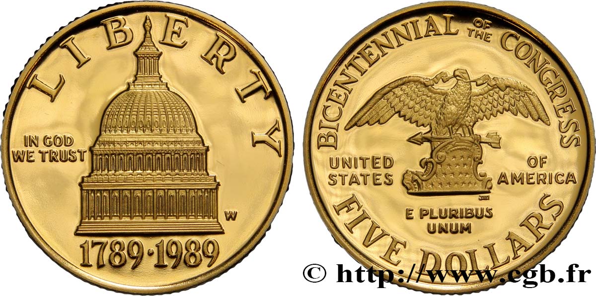 STATI UNITI D AMERICA 5 Dollars Proof bicentennaire du Congrès 1989  FDC 