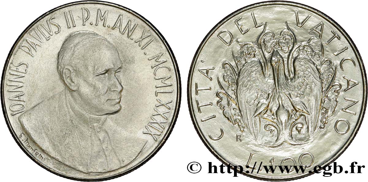 VATICAN AND PAPAL STATES 100 Lire Jean Paul II an XI / pélican nourissant ses oisillons 1989  MS 