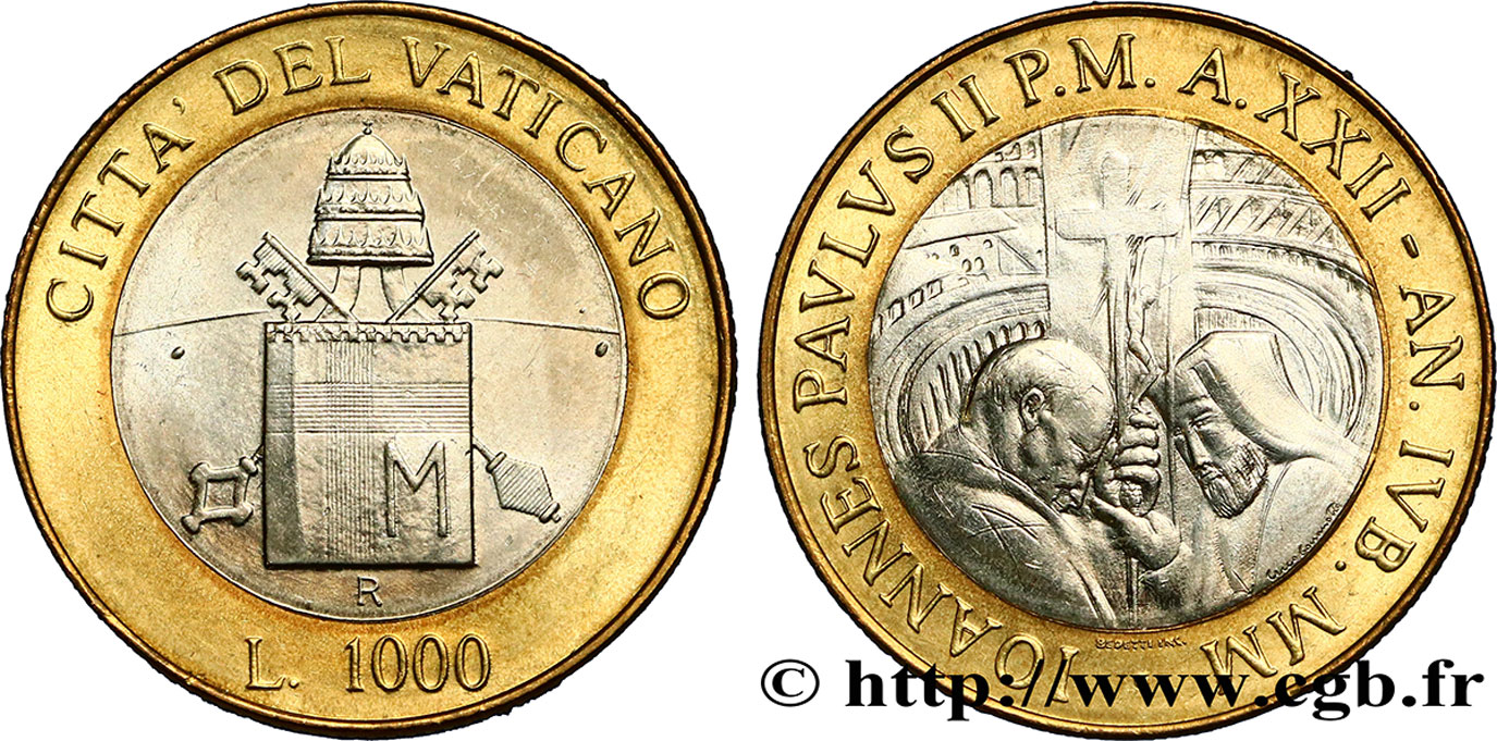VATICAN AND PAPAL STATES 1000 Lire Jean Paul II armes /  Jean-Paul II rencontrant le patriarche orthodoxe 2000 Rome MS 