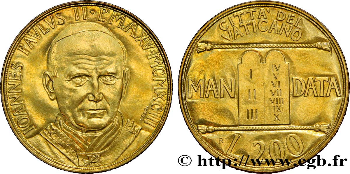 VATICAN AND PAPAL STATES 200 Lire Jean Paul II an XV / table des 10 commandements 1993  MS 