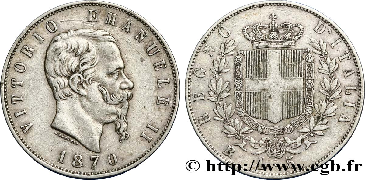 ITALIA 5 Lire Victor Emmanuel II 1870 Milan BB 