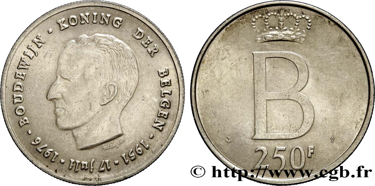BELGIEN 250 Francs jubilé d’argent du roi Baudouin légende flamande 1976 Bruxelles VZ 