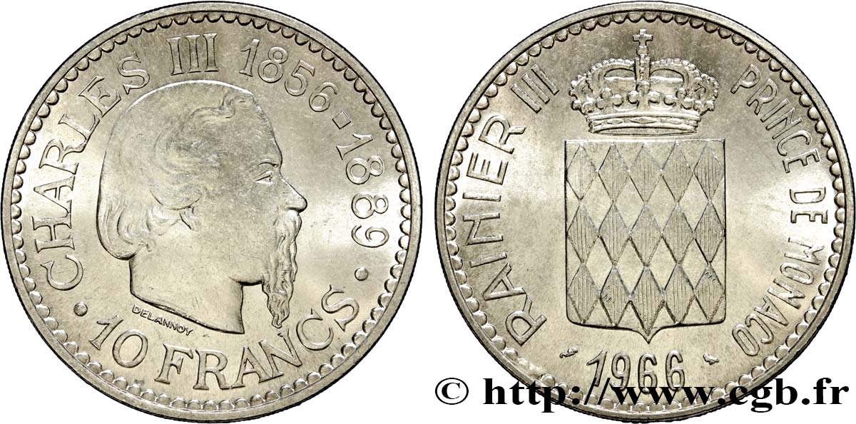 MONACO 10 Francs Charles III / écu couronné 1966 Paris SPL 