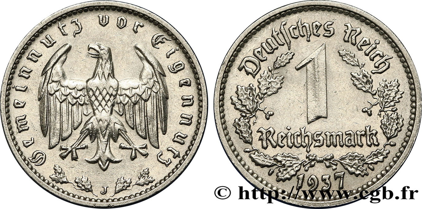 GERMANY 1 Reichsmark aigle 1937 Hambourg - J AU 