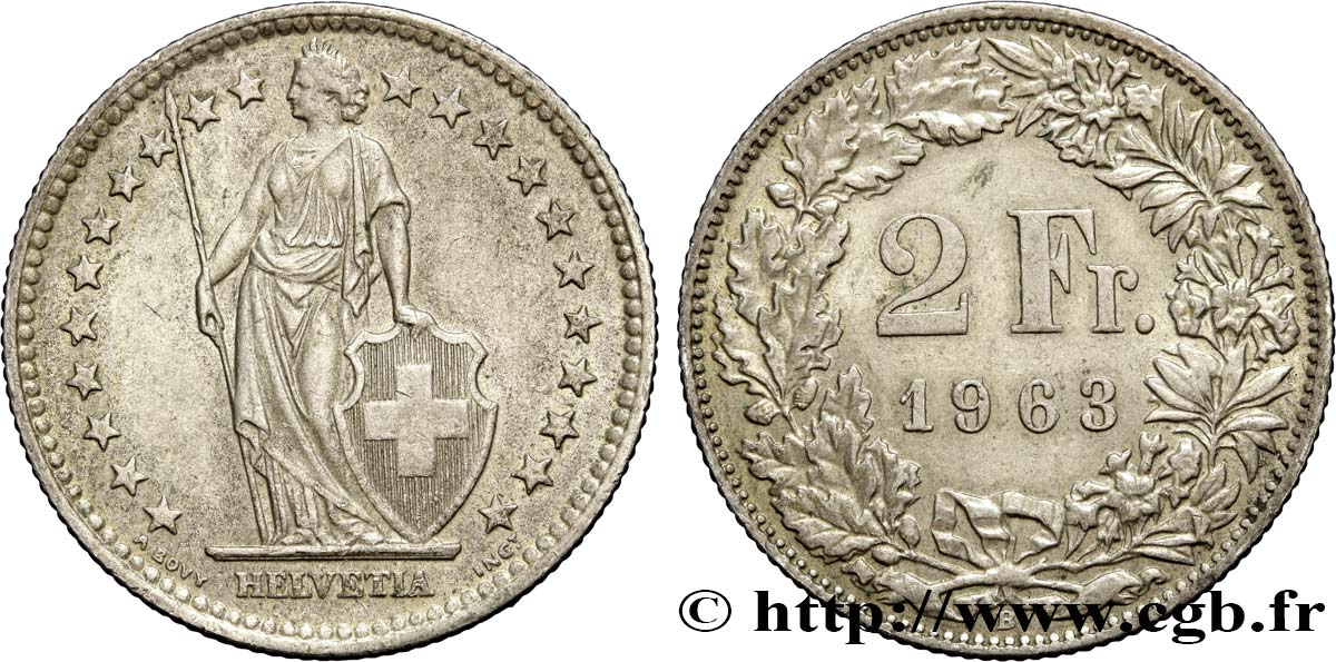 SUISSE 2 Francs Helvetia 1963 Berne SUP 