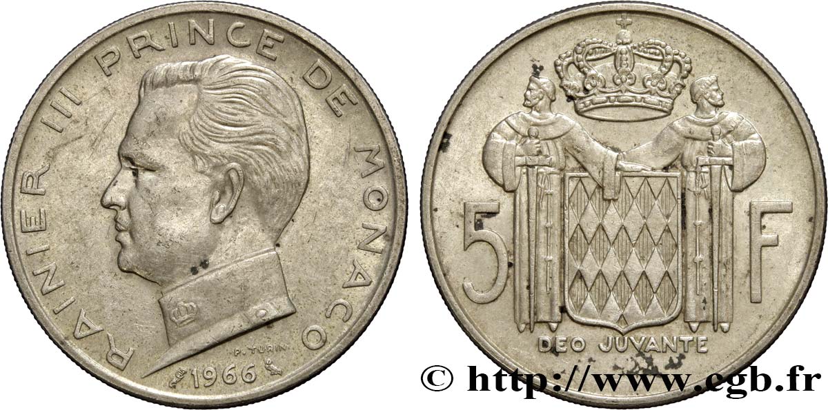 MONACO 5 Francs Prince Rainier III 1966 Paris VZ 