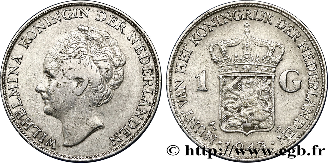 INDES NEERLANDAISES 1 Gulden Wilhelmina 1943 Denver TTB 