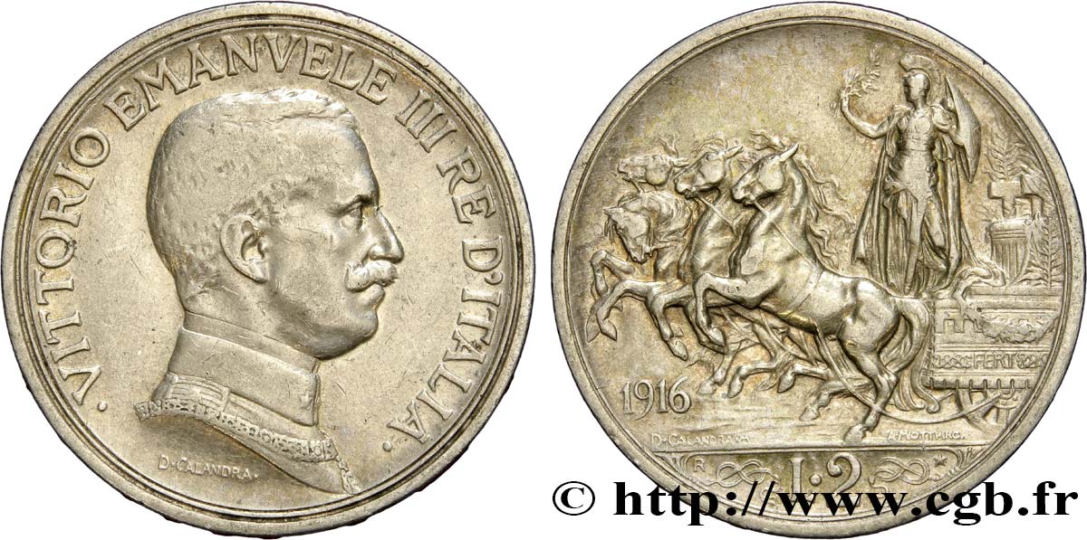 ITALY 2 Lire Victor Emmanuel III / quadrige 1916 Rome - R XF 