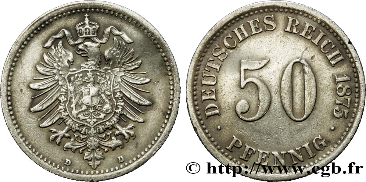 GERMANY 50 Pfennig Empire aigle impérial 1875 Munich XF 