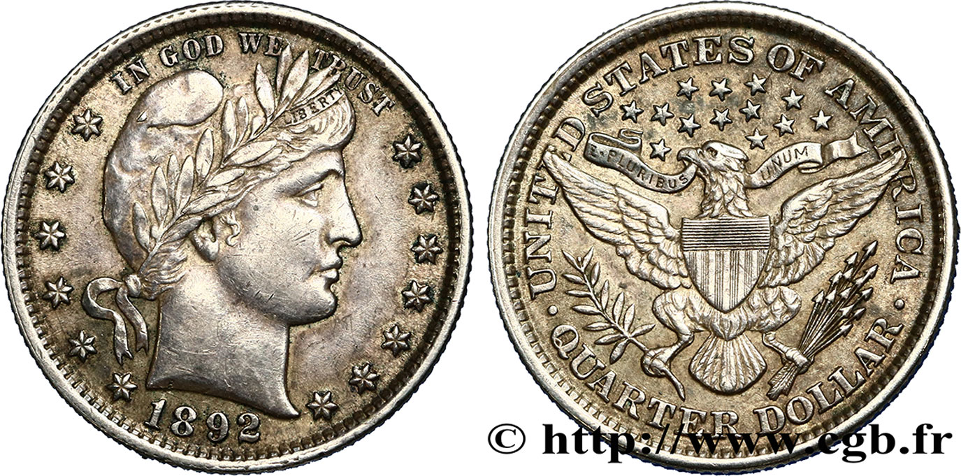 UNITED STATES OF AMERICA 1/4 Dollar Barber 1892 Philadelphie AU 