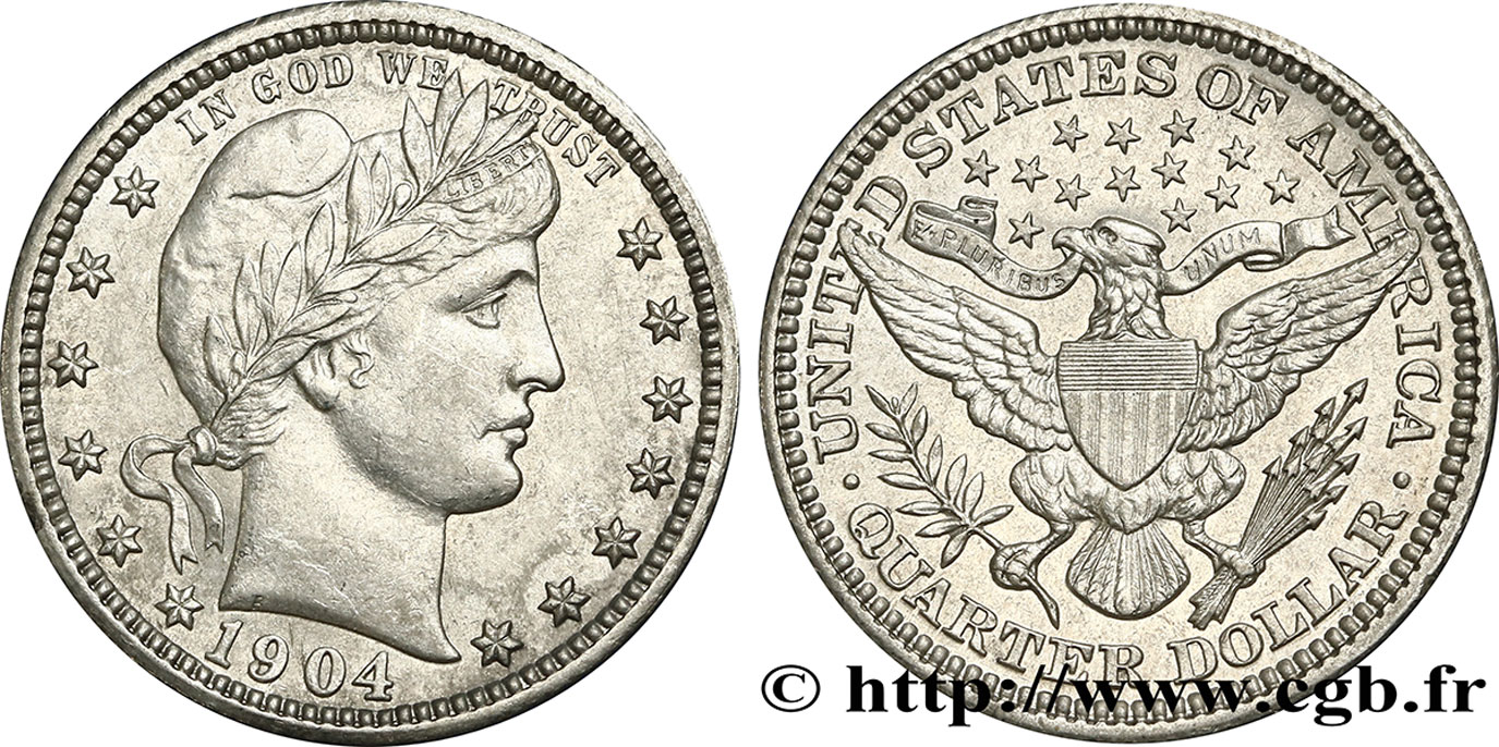 UNITED STATES OF AMERICA 1/4 Dollar Barber 1904 Philadelphie AU 