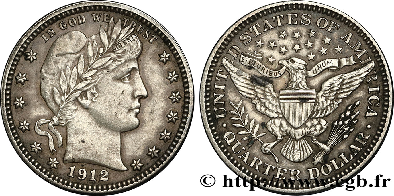 UNITED STATES OF AMERICA 1/4 Dollar Barber 1912 Philadelphie AU 