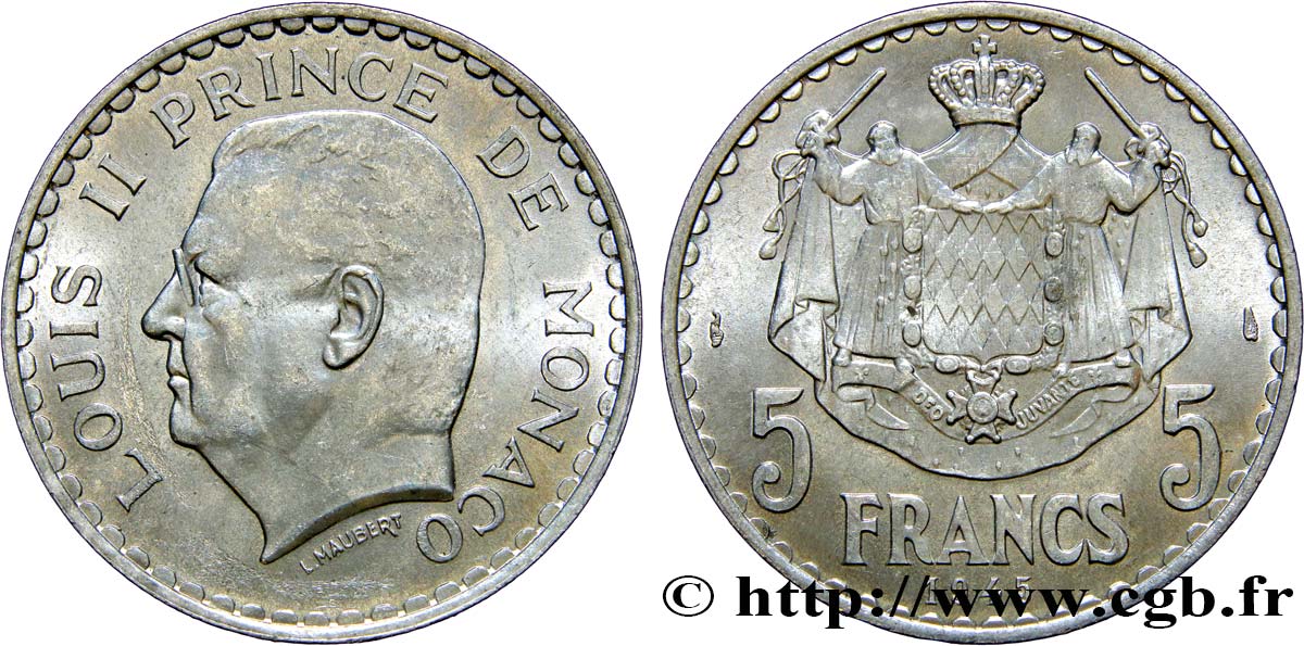 MONACO 5 Francs Louis II 1945 Paris SC 
