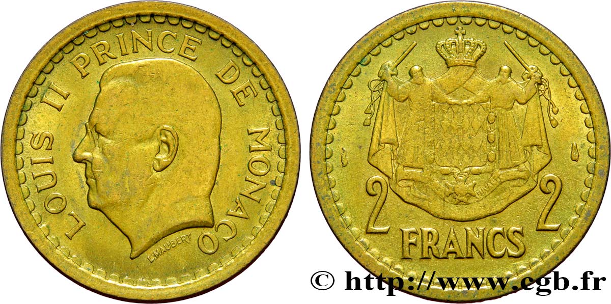 MONACO 2 Francs Louis II (1943) Paris EBC 