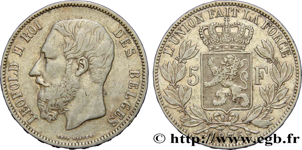 BELGIUM 5 Francs Léopold II 1875  VF/XF 