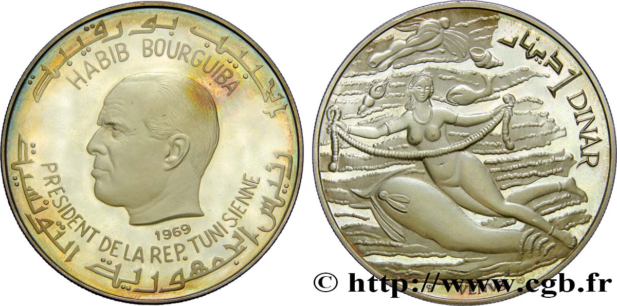 TUNISIA 1 Dinar Proof Habib Bourguiba - Venus 1969  MS 