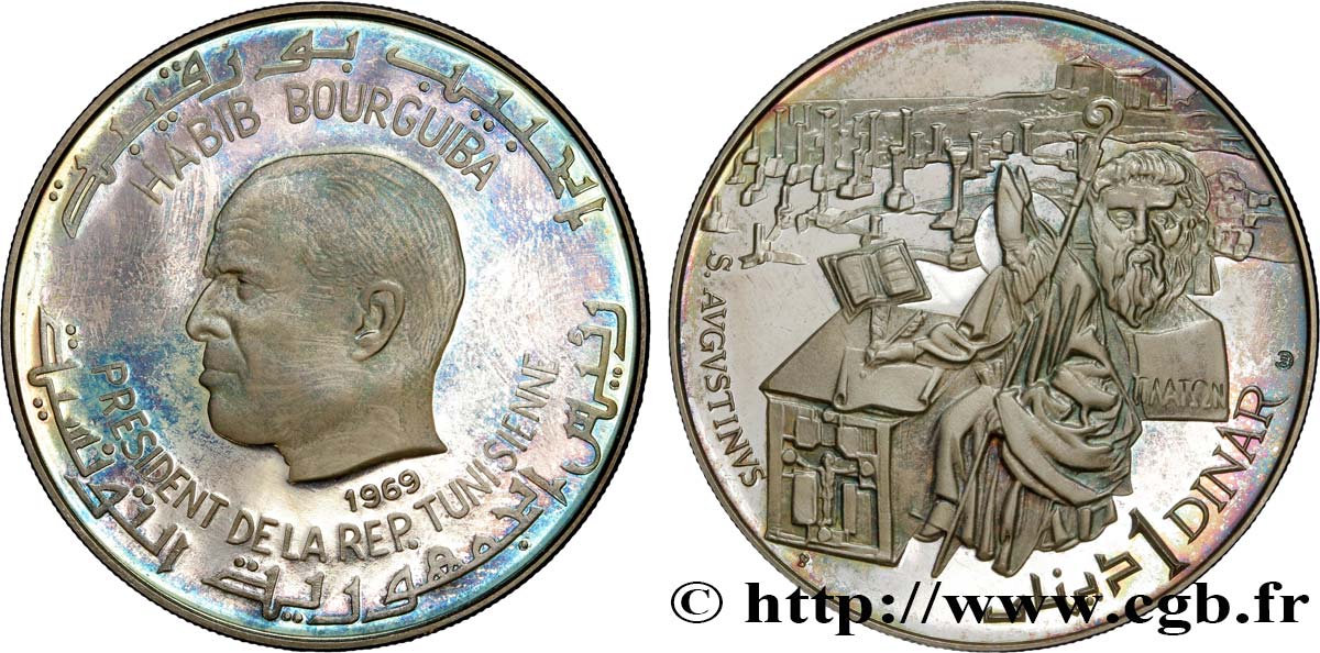 TUNISIA 1 Dinar Proof Habib Bourguiba - Saint Augustin 1969  MS 