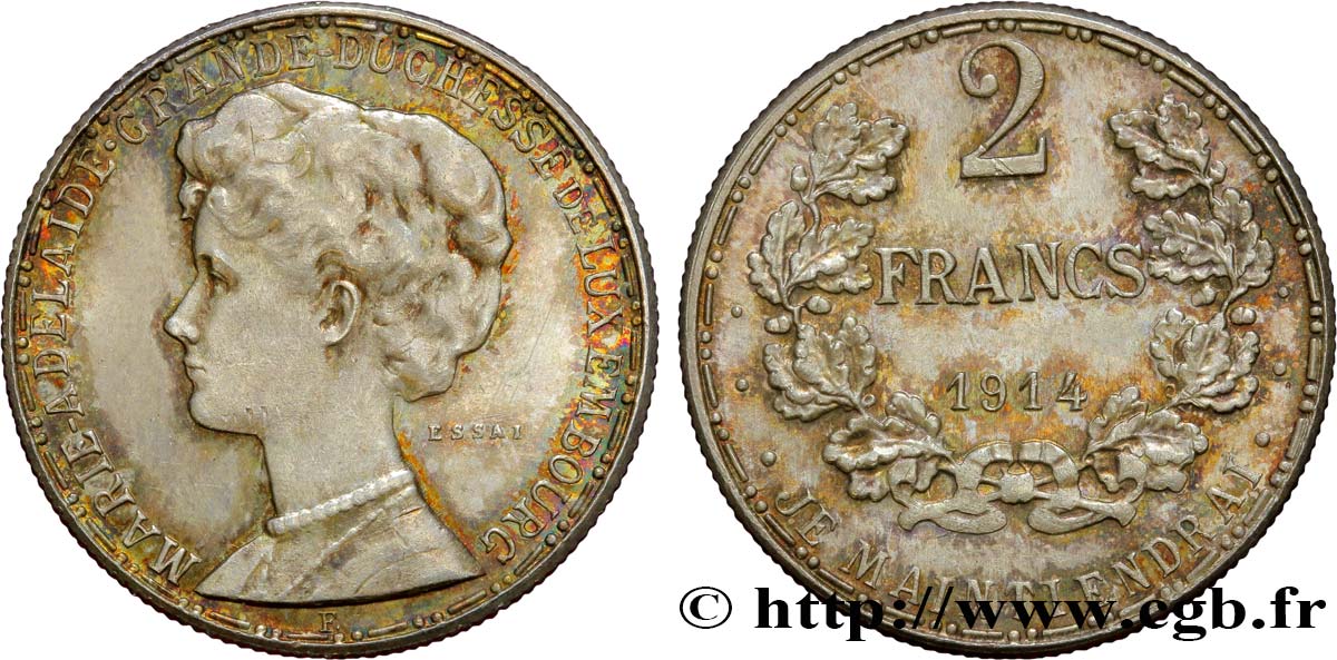 LUXEMBOURG Essai 2 francs Marie-Adélaïde 1914 Bruxelles MS 