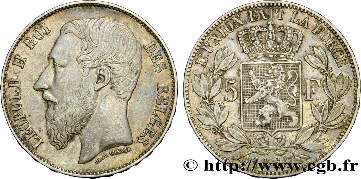 BELGIUM - KINGDOM OF BELGIUM - LEOPOLD II 5 Francs variété signature sous le buste 1867  XF 