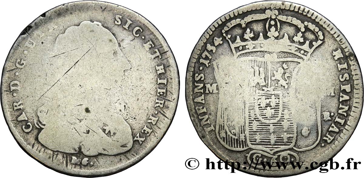 ITALY - KINGDOM OF NAPLES 1/2 Piastre de 60 Grana Royaume de Naples et Sicile Charles de Bourbon 1754 Naples VG 