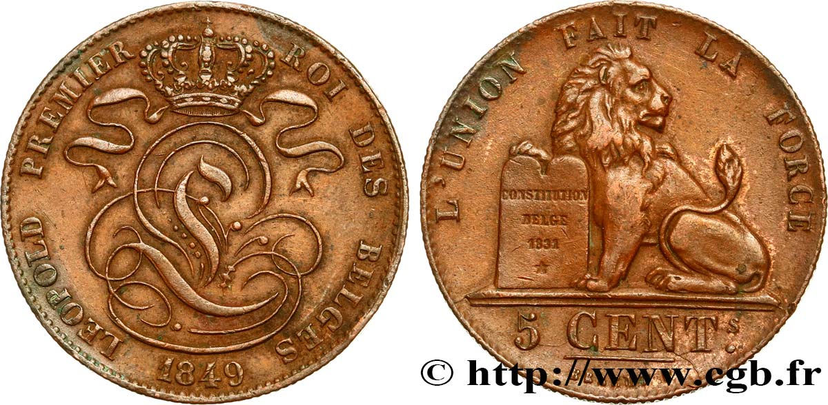 BELGIEN 5 Centimes monogramme de Léopold Ier / lion 1849  VZ 