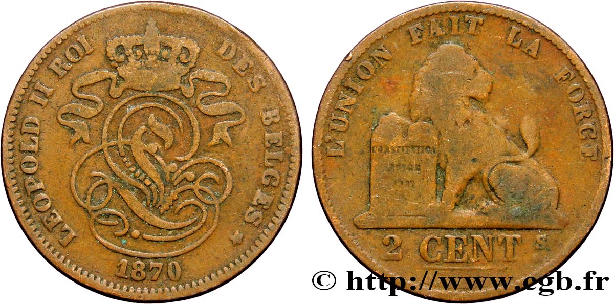 BELGIQUE 2 Centimes lion monogramme de Léopold II 1870  TB 