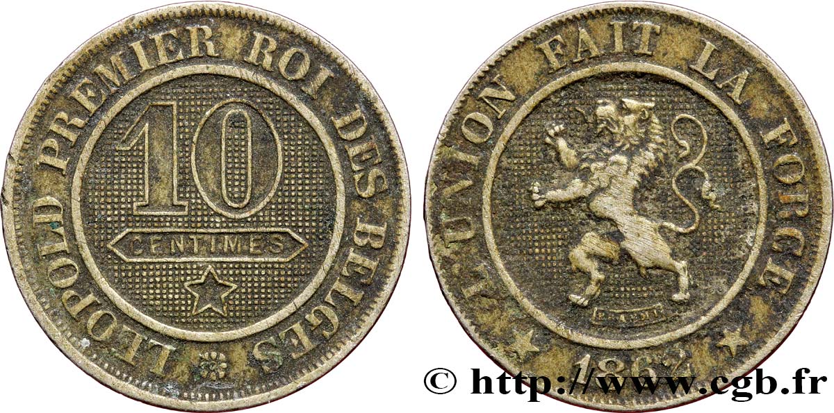 BELGIUM 10 Centimes lion 1862  XF 