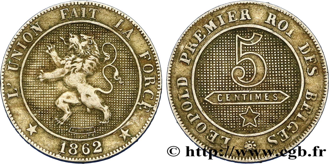 BELGIUM 5 Centimes lion 1862  XF 