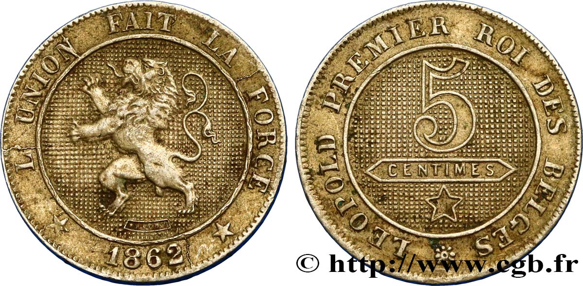BELGIUM 5 Centimes lion 1862  AU 