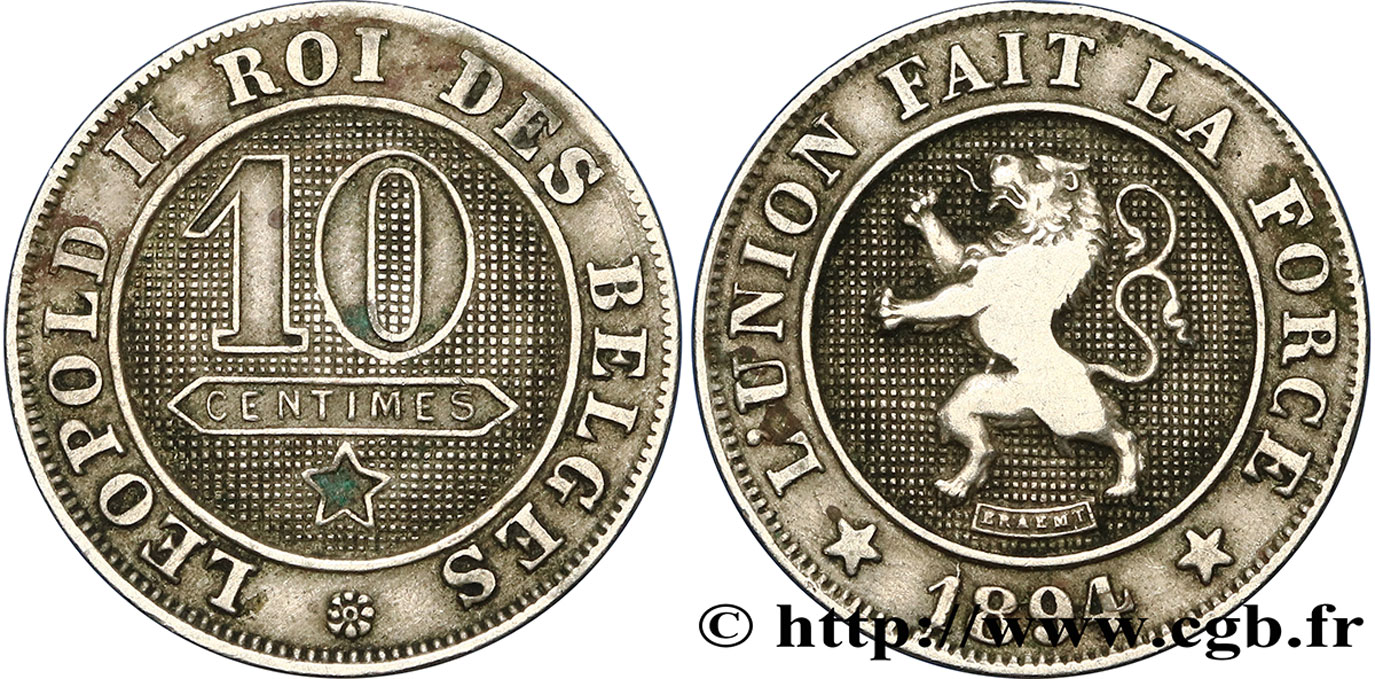 BELGIUM 10 Centimes lion légende française 1894  VF 