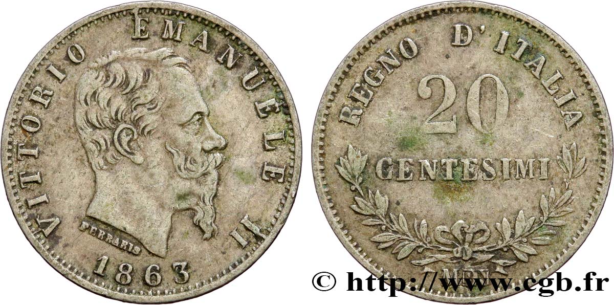 ITALIEN 20 Centesimi Victor Emmanuel II 1863 Milan fVZ 