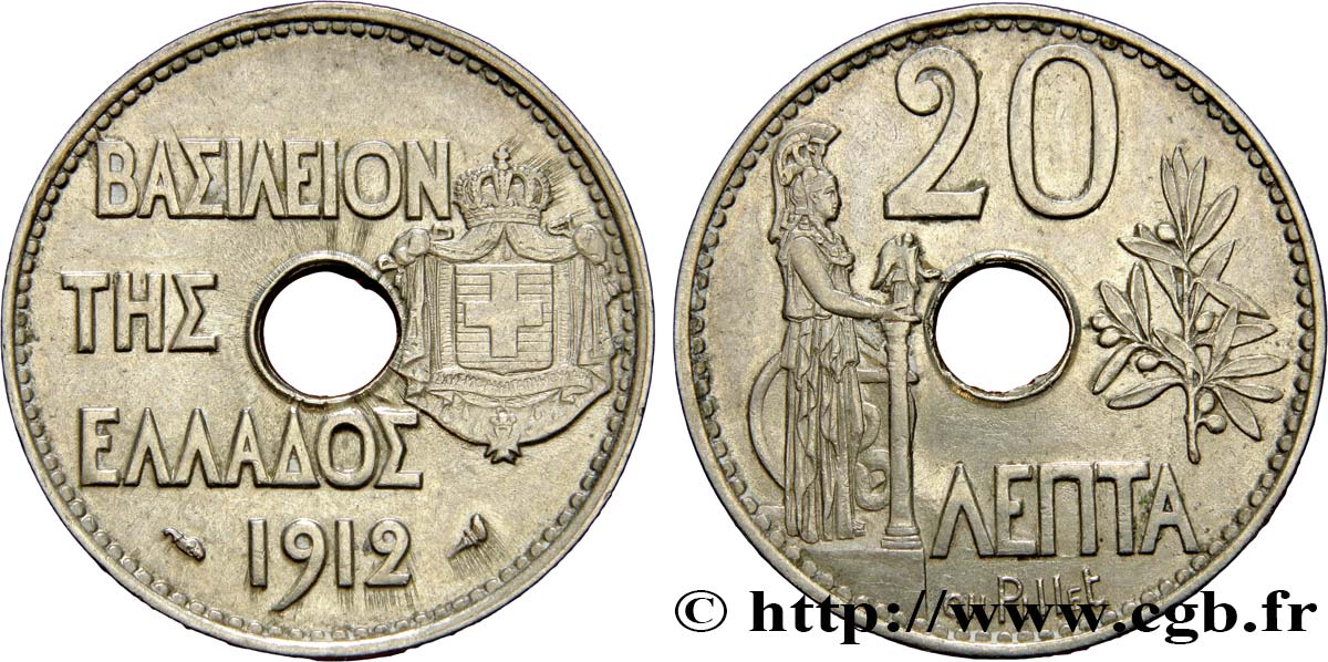 GRECIA 20 Lepta Athena debout 1912 Paris EBC 
