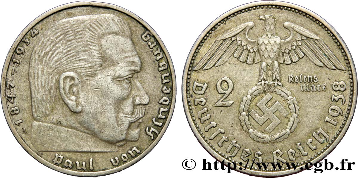GERMANIA 2 Reichsmark aigle surmontant une swastika / Maréchal Paul von Hindenburg 1938 Berlin SPL 