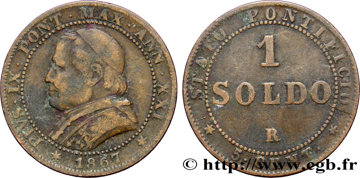 VATICANO Y ESTADOS PONTIFICIOS 1 Soldo an XXI buste large 1867 Rome BC+ 