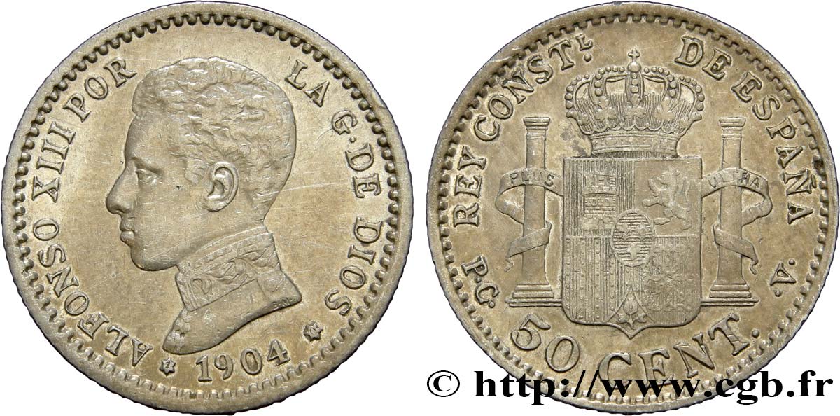 ESPAGNE 50 Centimos Alphonse XIII P.C.-.V. 1904 Madrid SUP 