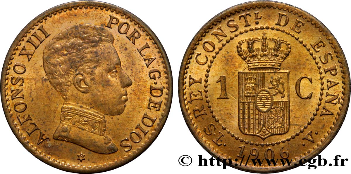 ESPAGNE 1 Centimo Alphonse XIII S.L. - .V. 1906 Madrid SPL 